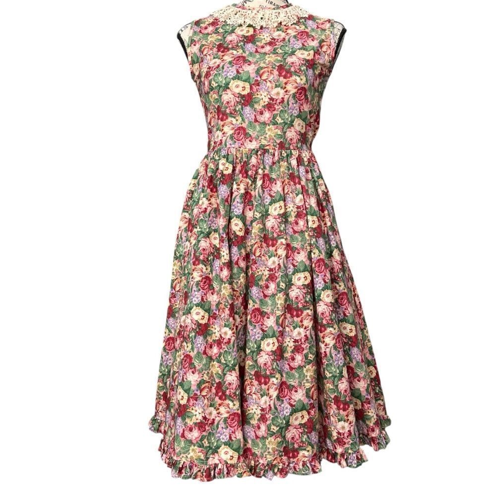 Vintage Three Blind Mice Floral Sleeveless Dress with Lace Collar in Size 14 - Picture 2 of 10